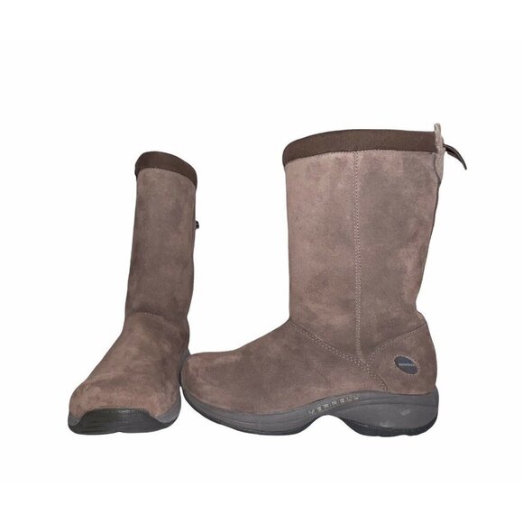 Merrell Brown Suede Winter Boots Sz 6 Womens Pull On Sherpa Lined‎ Snow Mid Calf - Picture 1 of 9